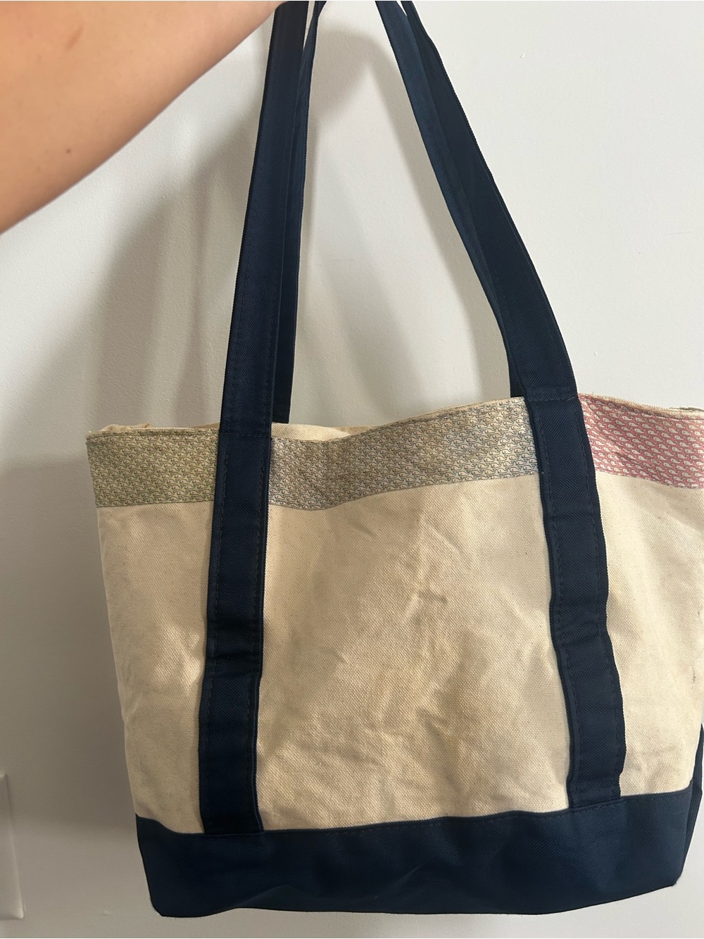 Vineyard Vines Cream Canvas Tote with Navy Straps and Pastel Trim - Picture 3 of 5